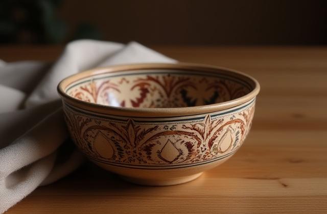 Rustikale österreichische Keramikschale mit traditionellen Mustern.