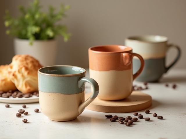 Vier handgefertigte Kaffeetassen mit einzigartiger Glasur und komfortablen Griffen