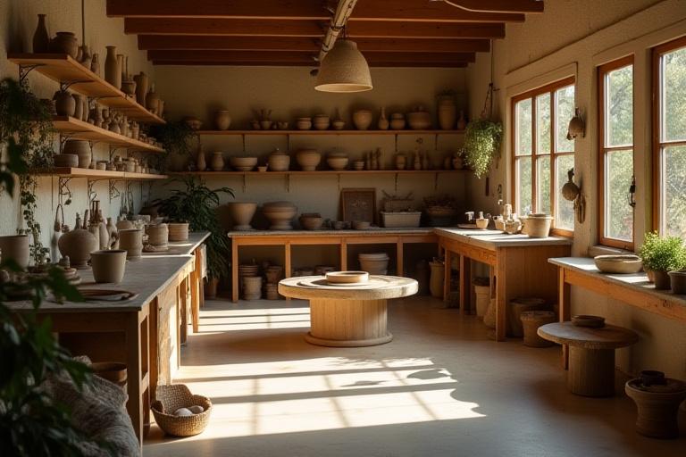 Allgemeine Ansicht des Dämmerware Töpferei-Ateliers mit Werkzeugen und Töpferscheibe