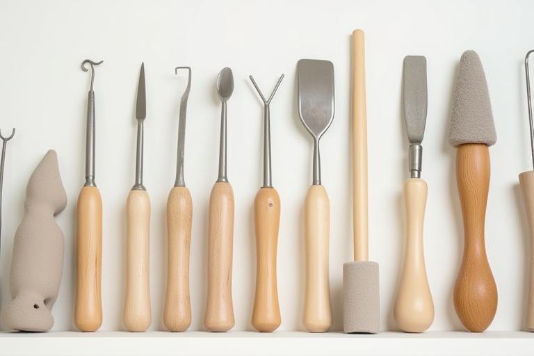 Ein Regal voller unterschiedlicher Töpferwerkzeuge, ordentlich angeordnet