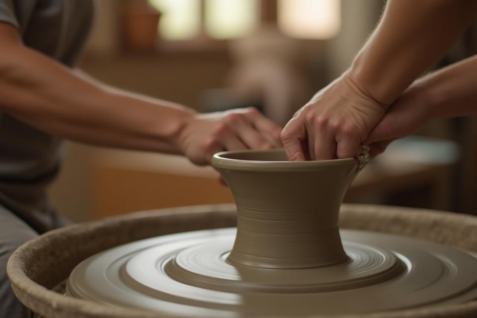 Hände an der Töpferscheibe formen Ton